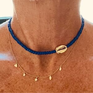 New So Cool Boho The Side Shell Glass Beaded Necklace Blue Gold